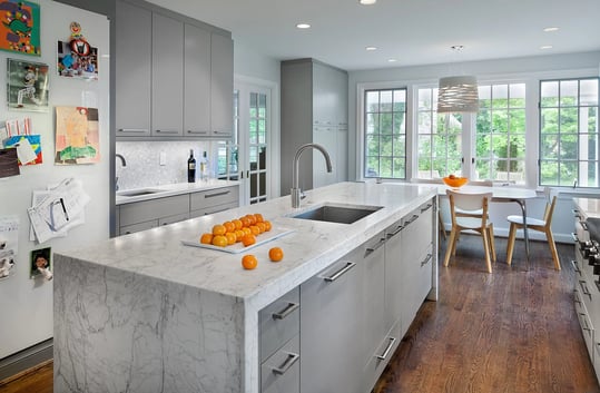 Cool Gray Waterfall Marble Kitchen Remodel