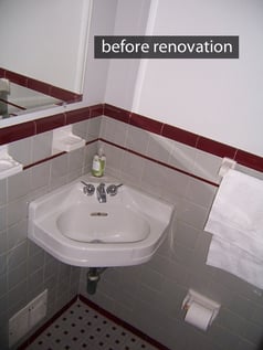 outdated powder room design with corner sink BEFORE powder room remodeling