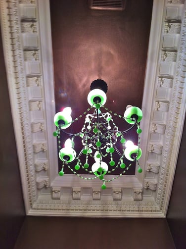 Chevy Chase Maryland bath remodel with green globe chandelier Chevy Chase Maryland half bath remodel with ornate ceiling treatment and chandelier
